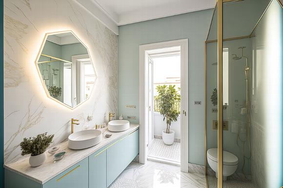 Turquoise bathroom with gold shower and hexagon mirror