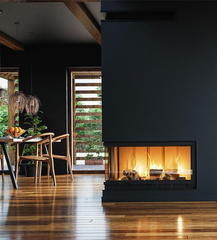 Black wall kitchen with contemporary fire and slat shutter windows