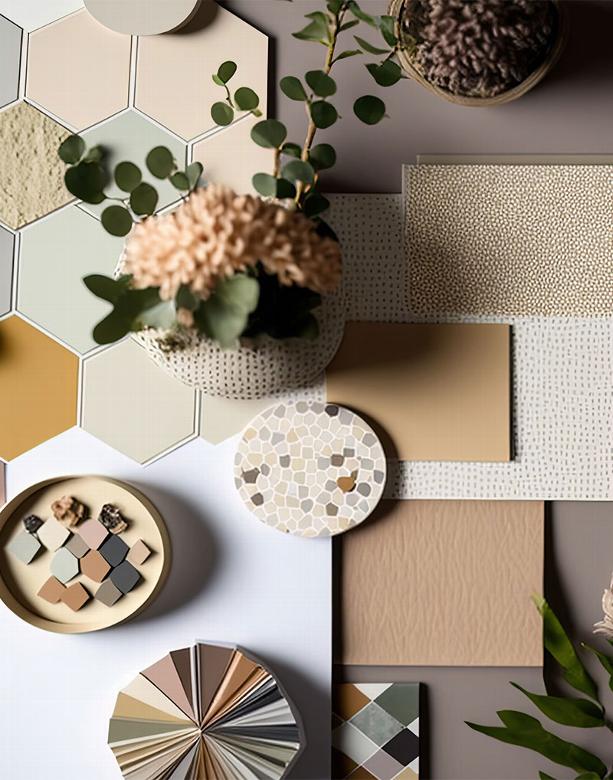 Mood board table with a range of tiles, wallpaper and gold finishes for decorating